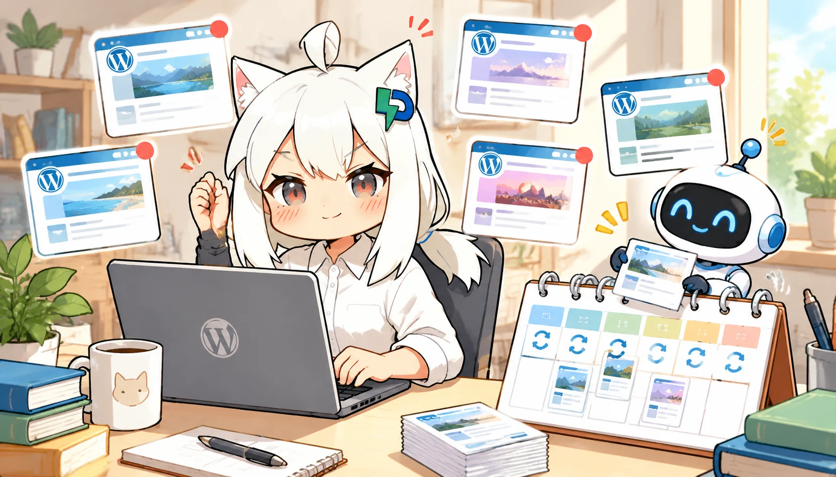 ai-write智能写作工具适合哪些人?WordPress供稿场景实测插图2 卡通插画:独立站长一人管理多个WordPress站点,AI写作助手把文章卡片放入每周更新日历,维持更新节奏。