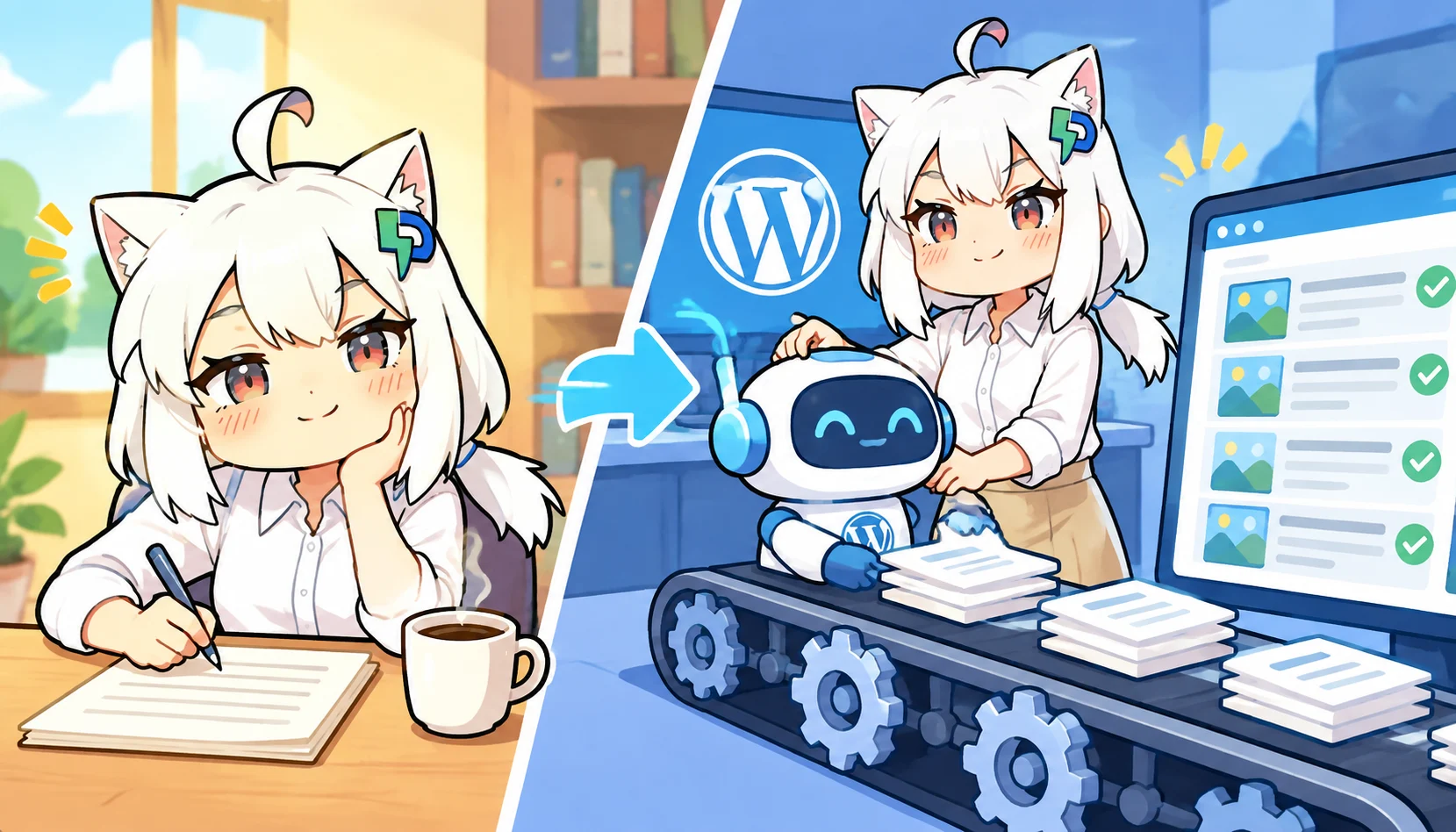 用 ai写小说工具 v1.0 做 WordPress 全自动托管供稿:从误区到落地清单插图2 分屏对比偶尔写随笔的人和把AI小说工具接入WordPress自动托管插件的站长,展示生成到发布的流水线。