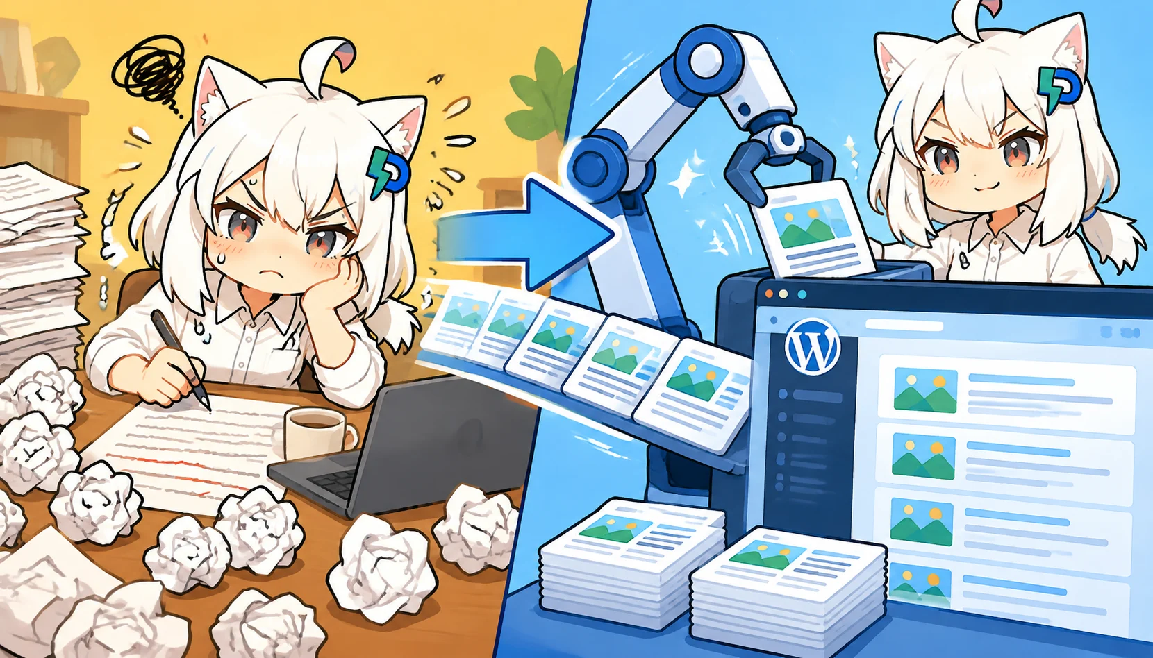 全托管WordPress供稿:ai写作网-智能写作技巧实操要点插图2 右侧机械臂把整齐文章卡片批量送入WordPress站点,左侧编辑被单篇深度报道的稿纸缠住,表现批量复用与单篇精雕的差异