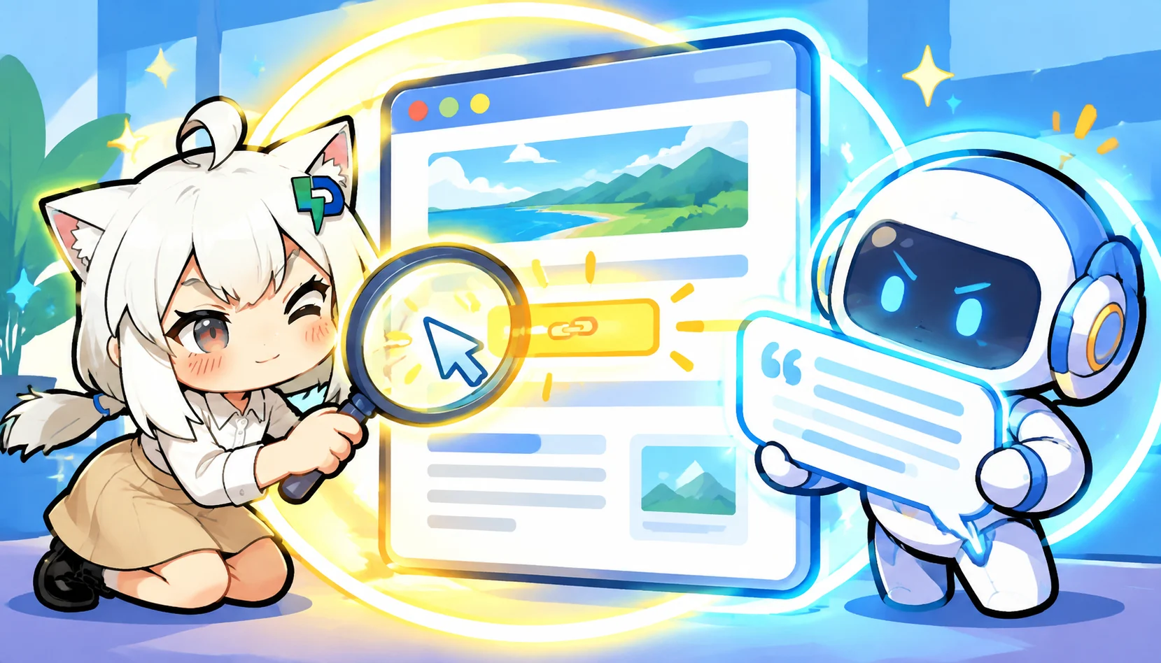 WP闪电快稿实战:用seo/geo优化批量改写WordPress旧文并自动托管供稿插图2 SEO爬虫与GEO大模型机器人同时围绕内容页面,光效叠加