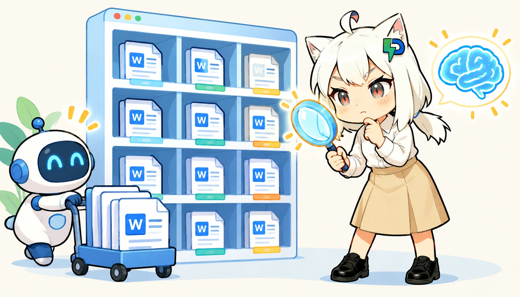 wordpress 在线 word 插件推荐:供稿与 GEO 优化怎么选插图2 卡通机器人搬运文档进入整齐网页结构、编辑在一旁判断质量的插画